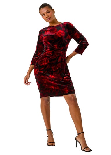 Roman Red Velvet Rose Print Side Twist Shift Dress