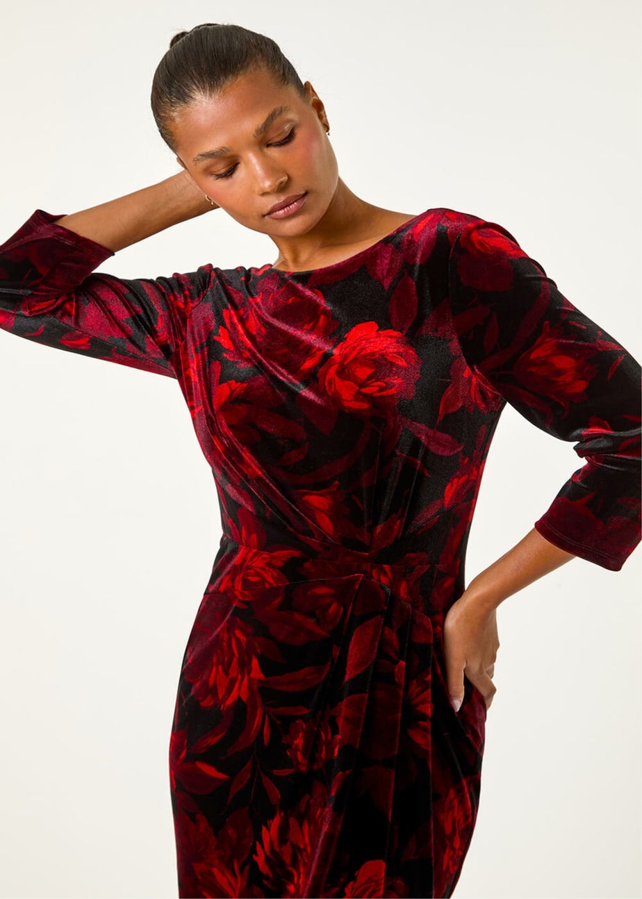 Roman Red Velvet Rose Print Side Twist Shift Dress