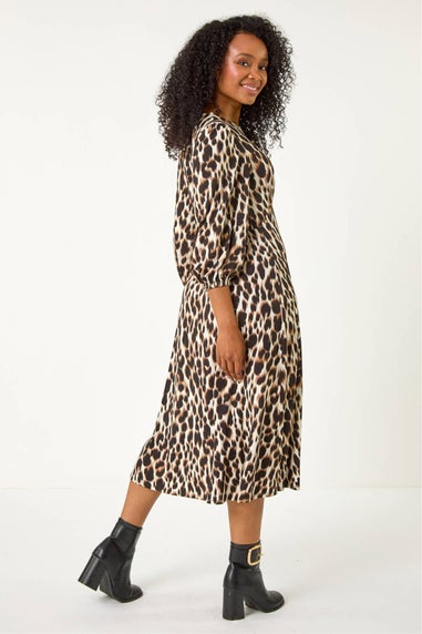 Roman Black Petite Animal Print Stretch Midi Dress