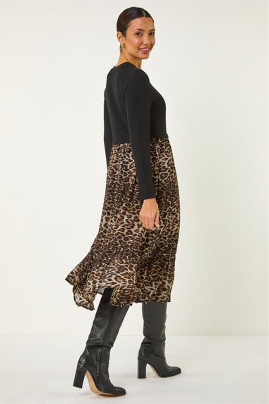 Roman Beige 2 in 1 Animal Print Stretch Midi Dress