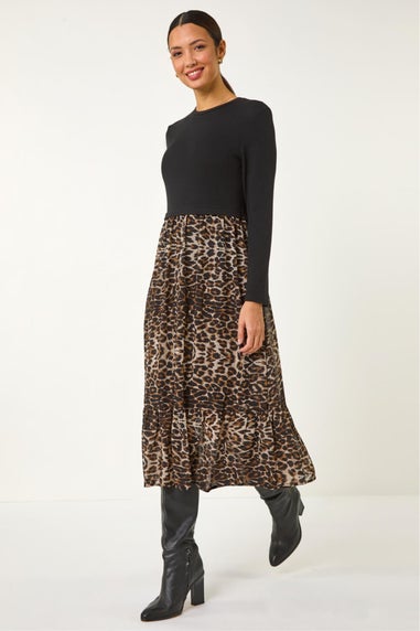 Roman Beige 2 in 1 Animal Print Stretch Midi Dress