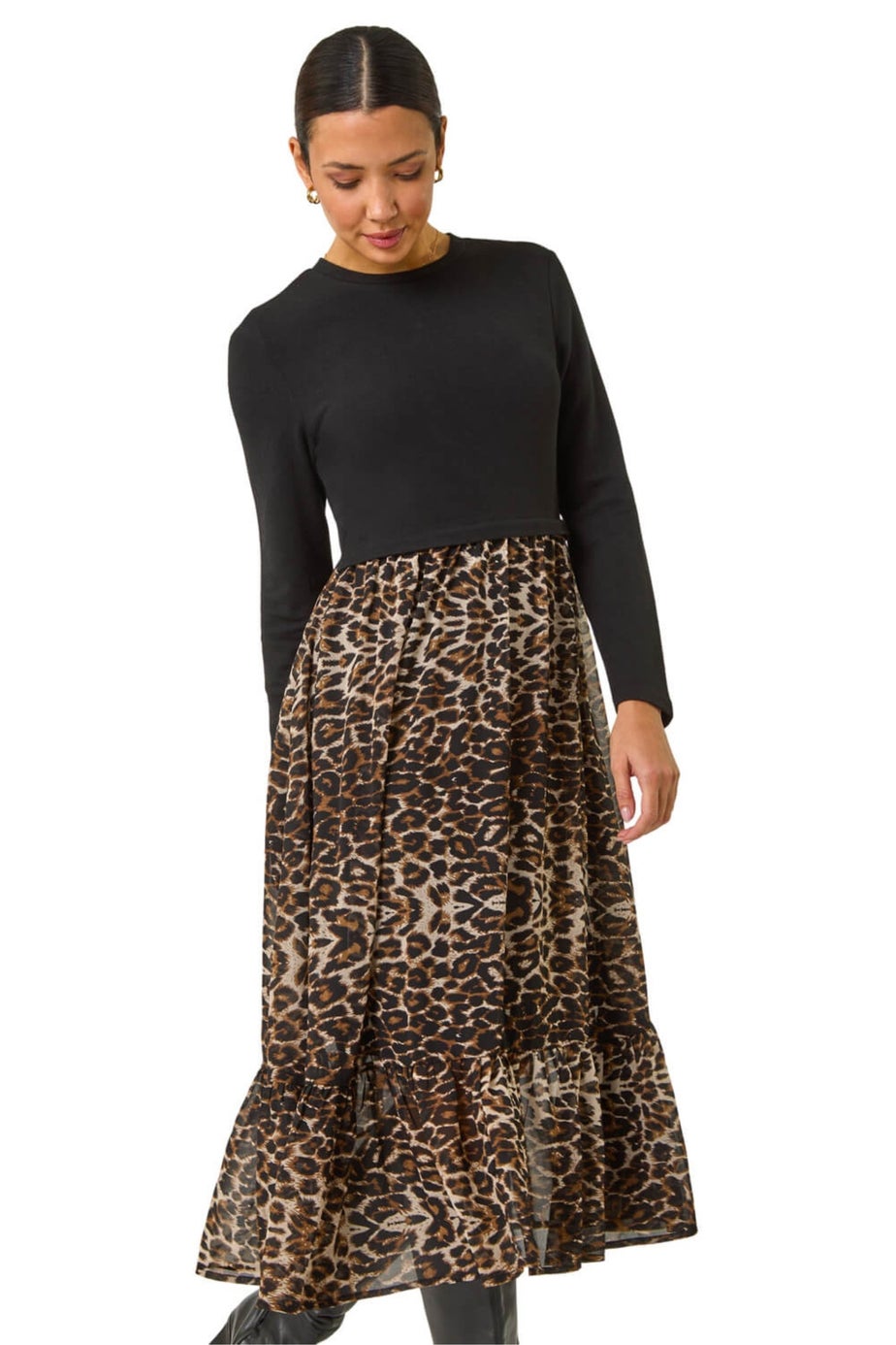 Roman Beige 2 in 1 Animal Print Stretch Midi Dress