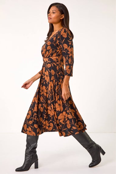 Roman Tan Leaf Print Wrap Midi Dress