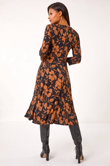 Roman Tan Leaf Print Wrap Midi Dress