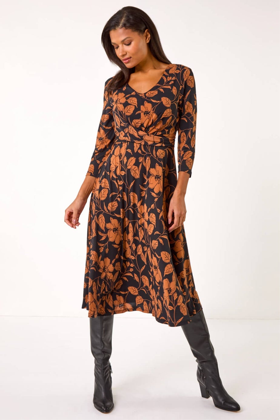 Roman Tan Leaf Print Wrap Midi Dress