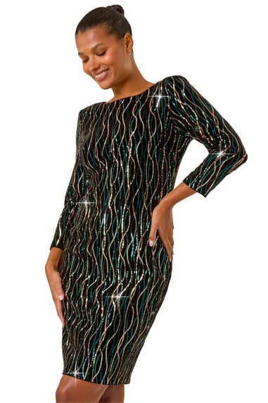 Roman Black Sequin Embellished Velvet Bodycon Dress