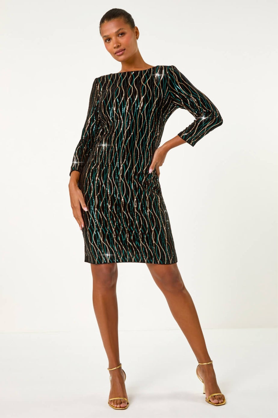 Roman Black Sequin Embellished Velvet Bodycon Dress