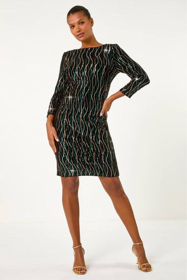 Roman Black Sequin Embellished Velvet Bodycon Dress