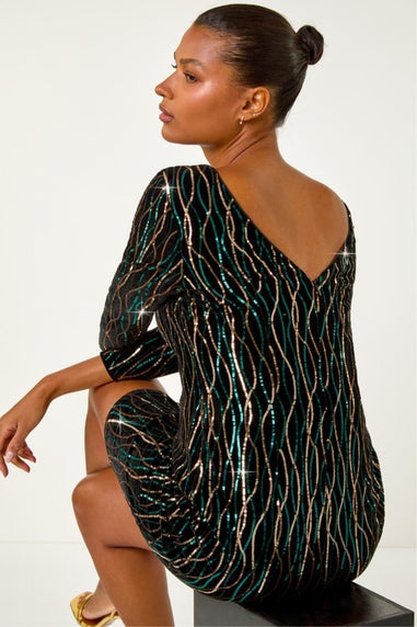 Roman Black Sequin Embellished Velvet Bodycon Dress