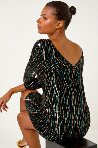 Roman Black Sequin Embellished Velvet Bodycon Dress