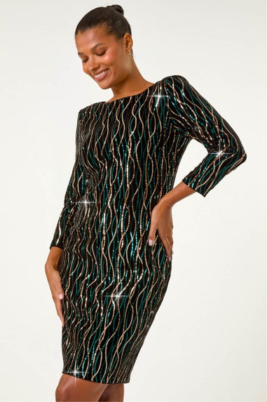 Roman Black Sequin Embellished Velvet Bodycon Dress