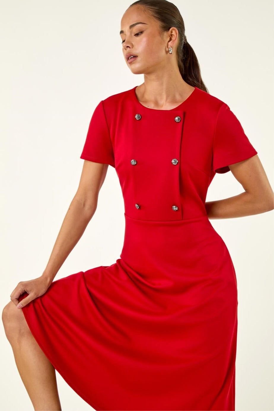Roman Red Petite Button Stretch Midi Dress
