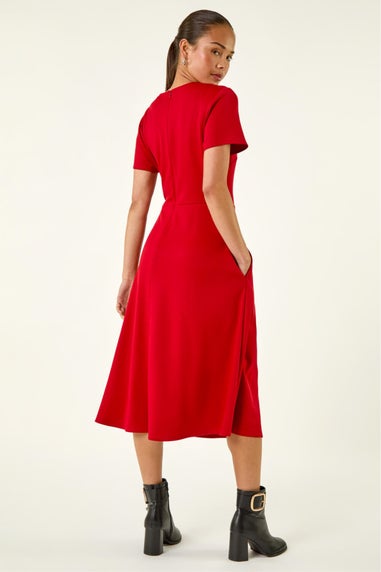 Roman Red Petite Button Stretch Midi Dress