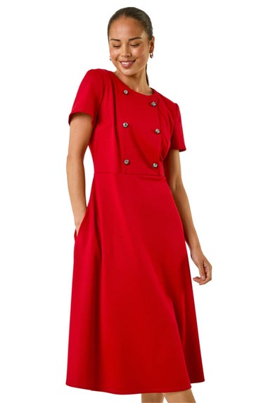 Roman Red Petite Button Stretch Midi Dress