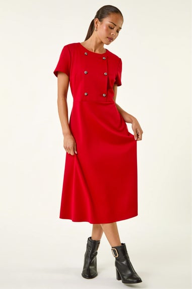 Roman Red Petite Button Stretch Midi Dress