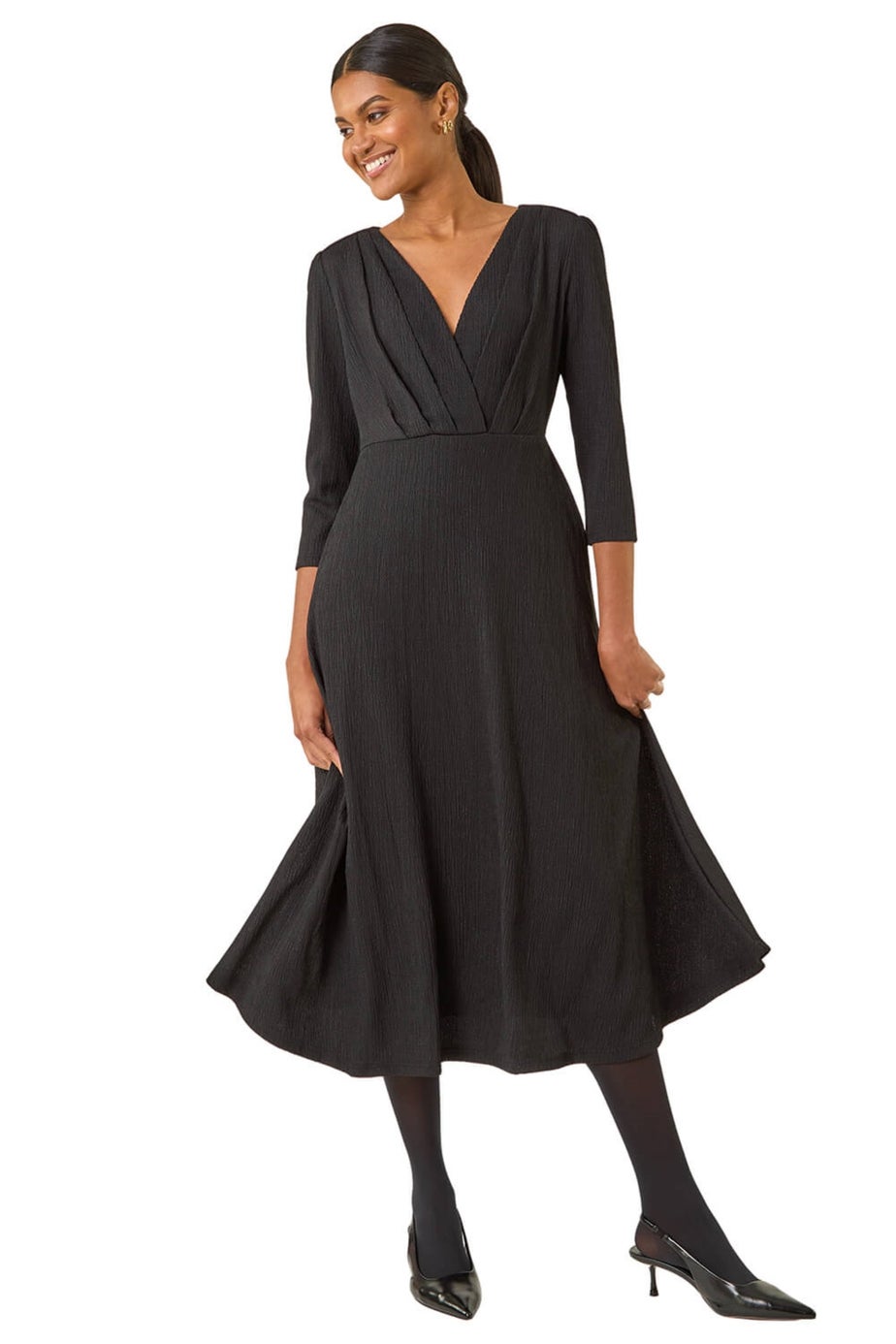 Roman Black Textured Wrap Midi Dress