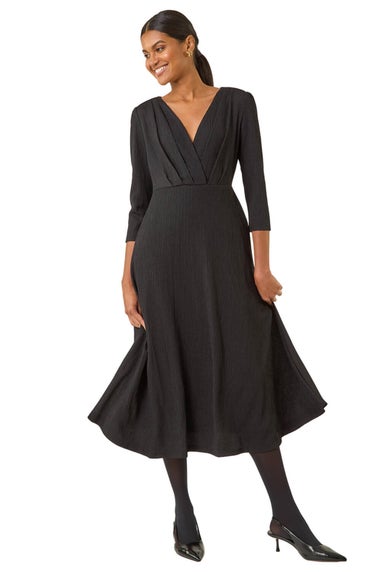 Roman Black Textured Wrap Midi Dress