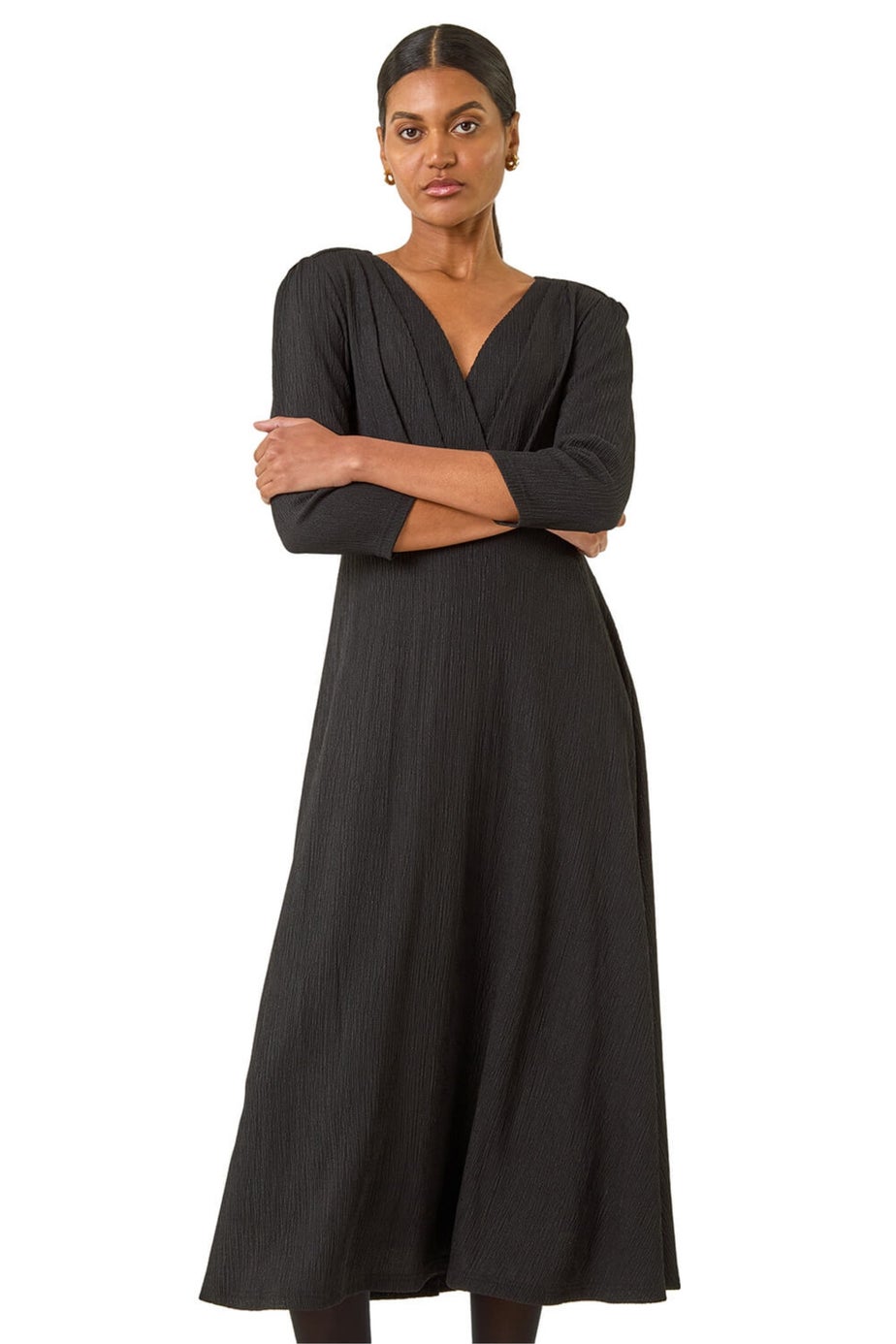 Roman Black Textured Wrap Midi Dress