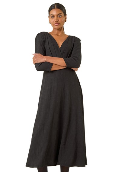 Roman Black Textured Wrap Midi Dress