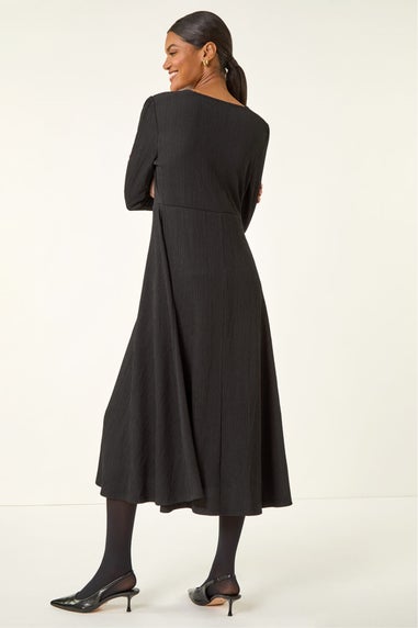 Roman Black Textured Wrap Midi Dress