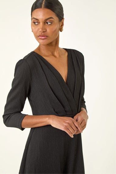Roman Black Textured Wrap Midi Dress