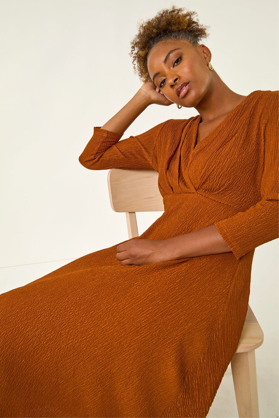 Roman Copper Textured Wrap Midi Dress