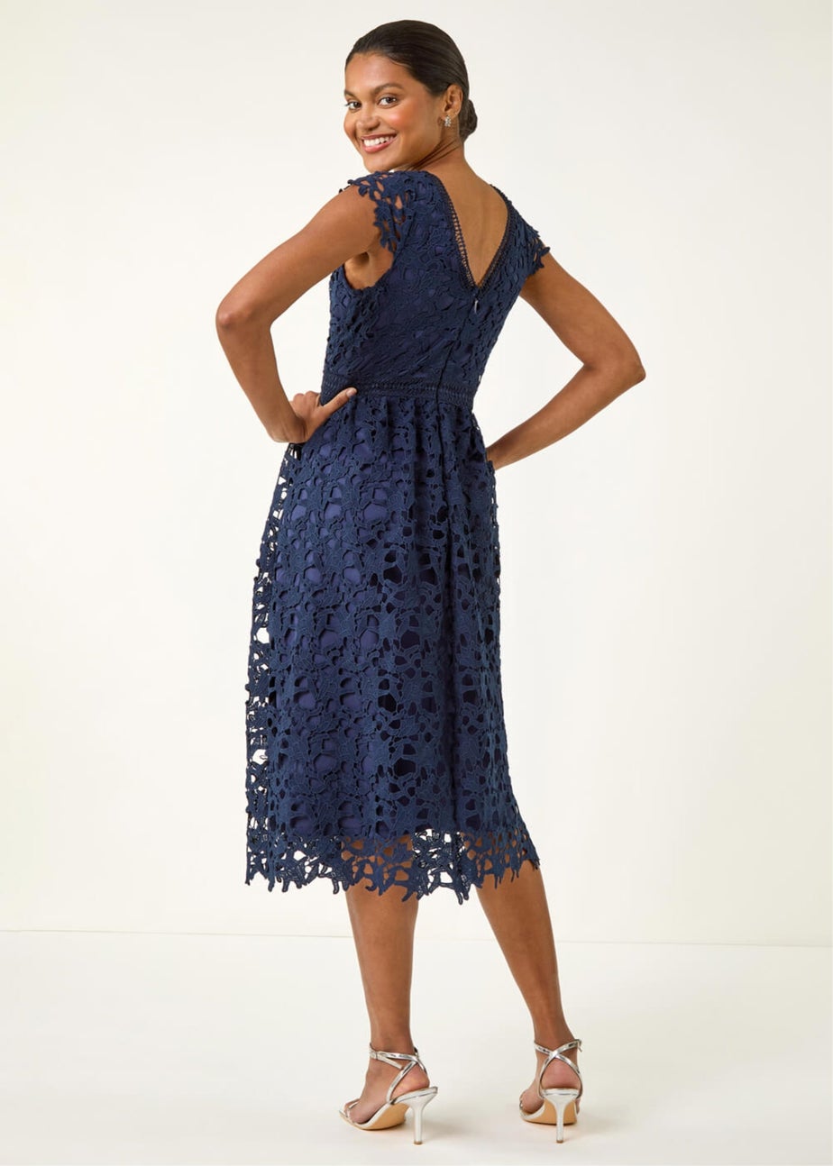 Roman Navy Premium Crochet Lace Midi Dress