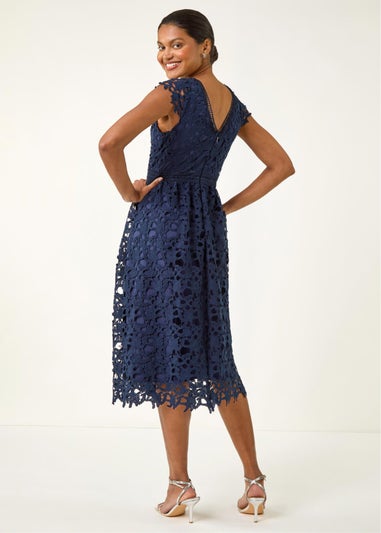 Roman Navy Premium Crochet Lace Midi Dress