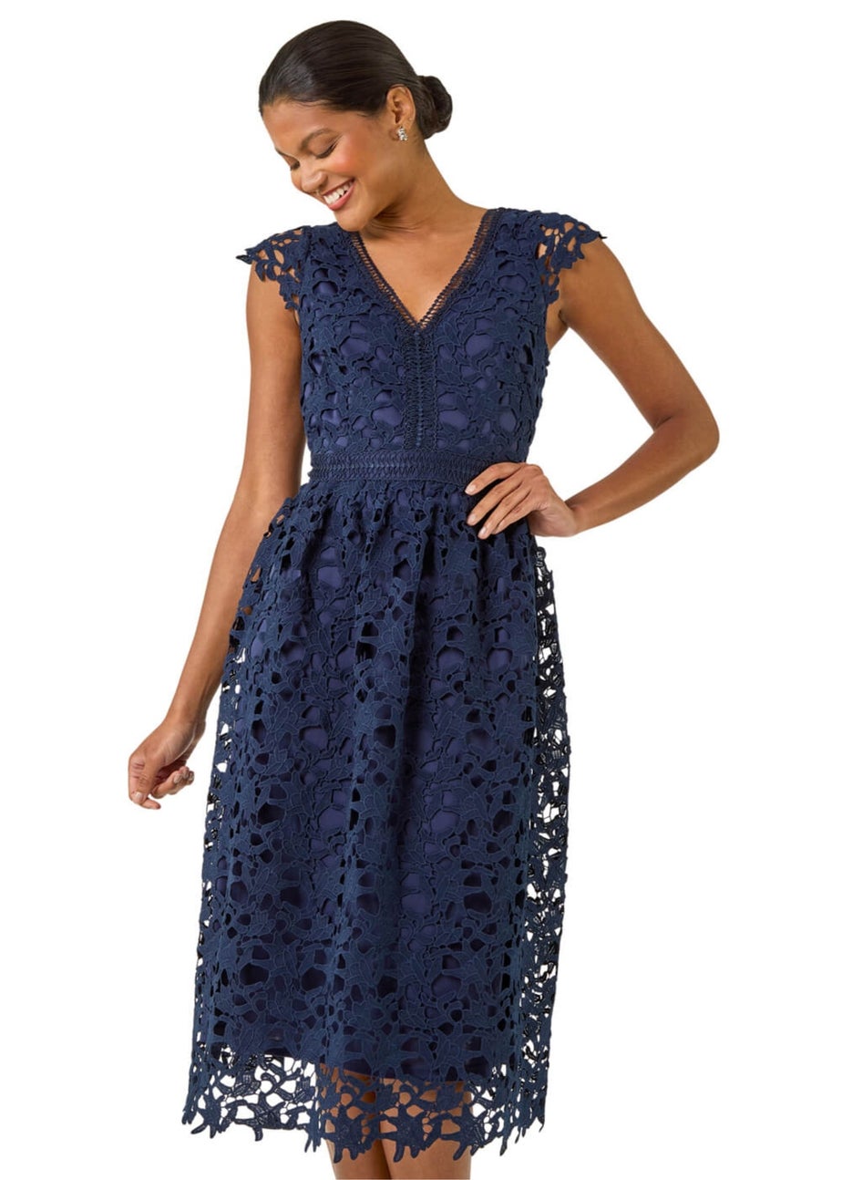 Roman Navy Premium Crochet Lace Midi Dress