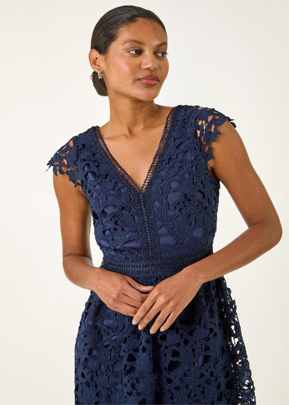 Roman Navy Premium Crochet Lace Midi Dress
