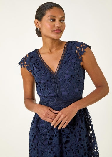 Roman Navy Premium Crochet Lace Midi Dress