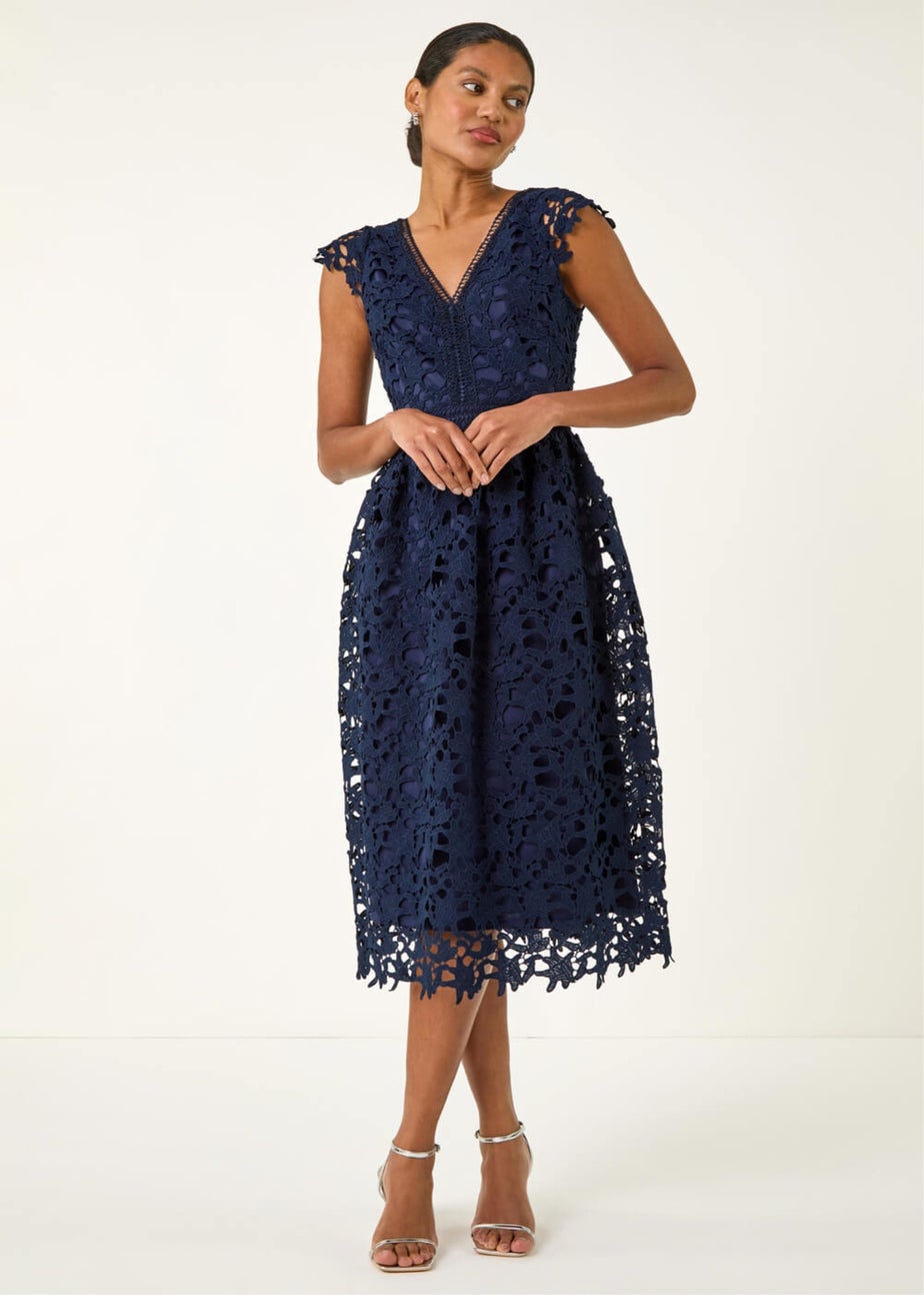 Roman Navy Premium Crochet Lace Midi Dress