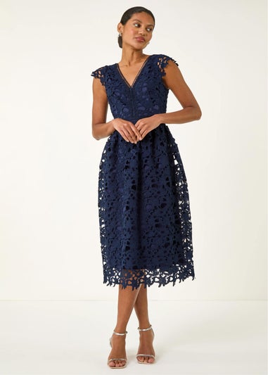 Roman Navy Premium Crochet Lace Midi Dress