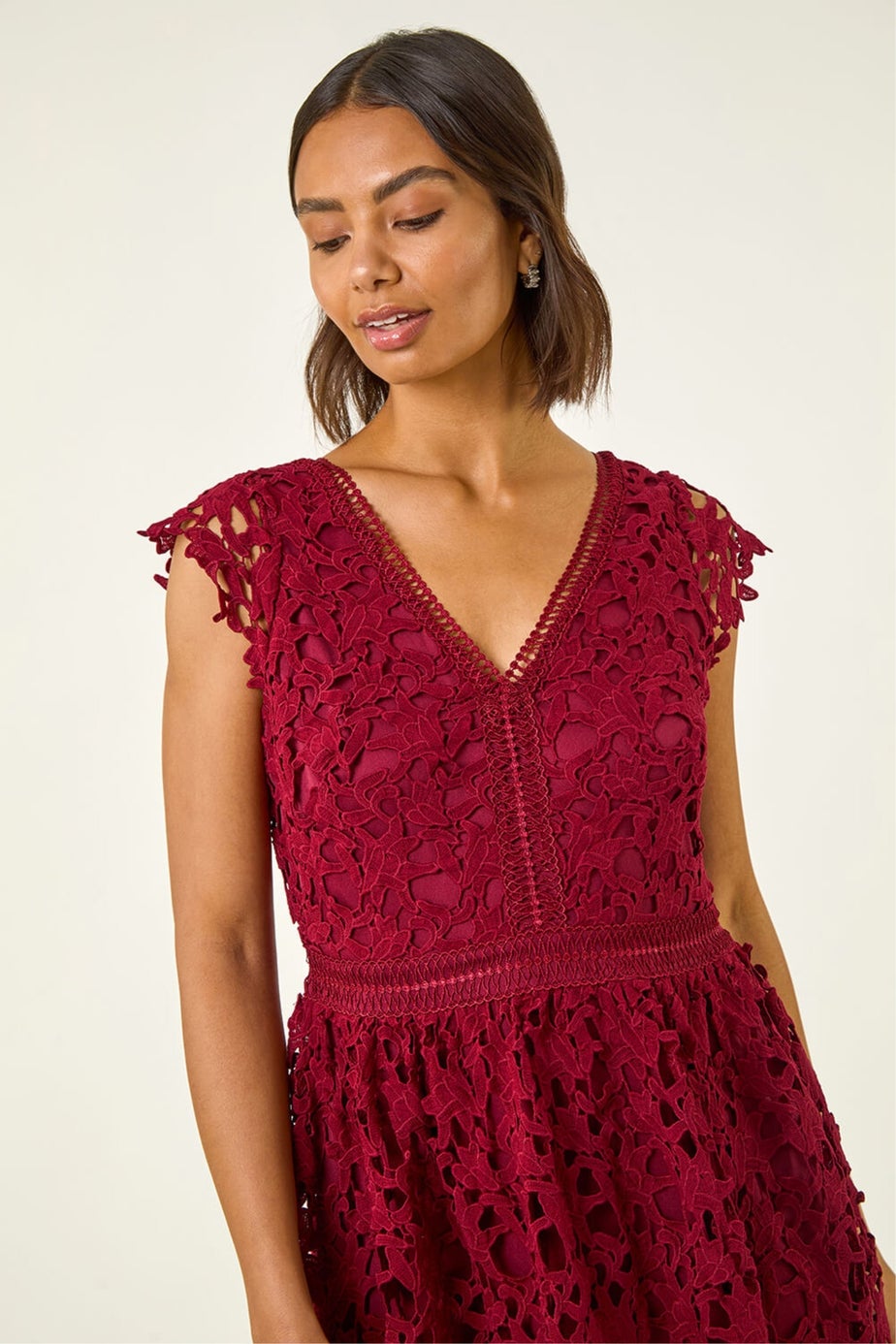 Roman Burgundy Premium Crochet Lace Midi Dress