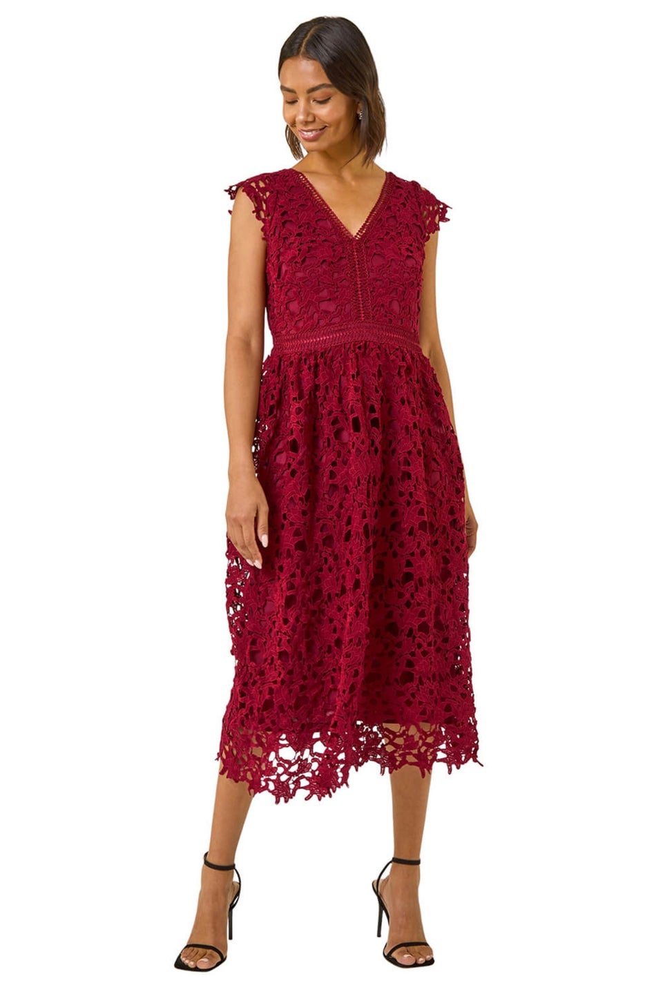 Roman Burgundy Premium Crochet Lace Midi Dress