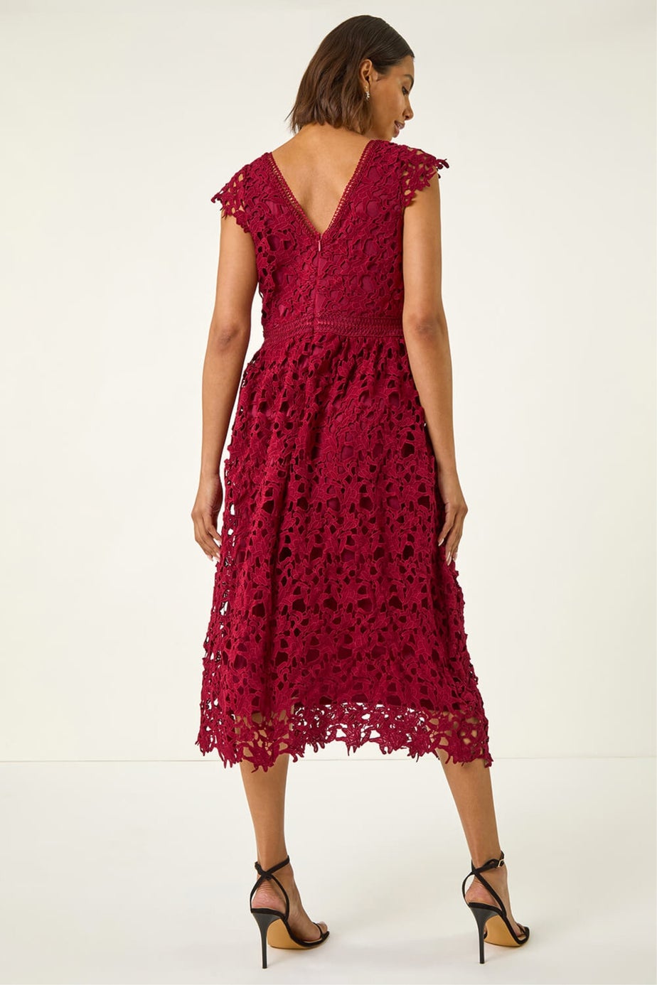 Roman Burgundy Premium Crochet Lace Midi Dress