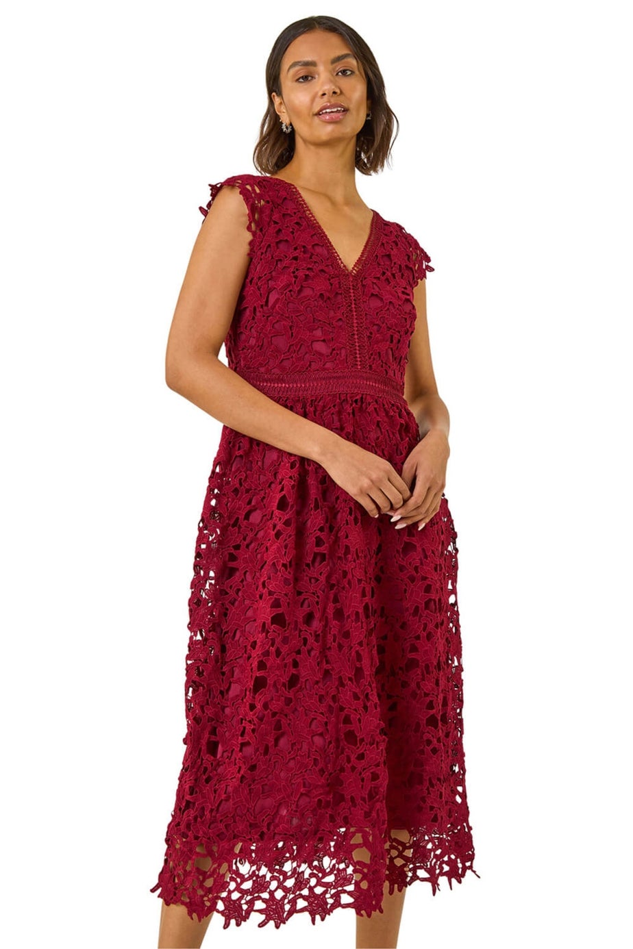 Roman Burgundy Premium Crochet Lace Midi Dress