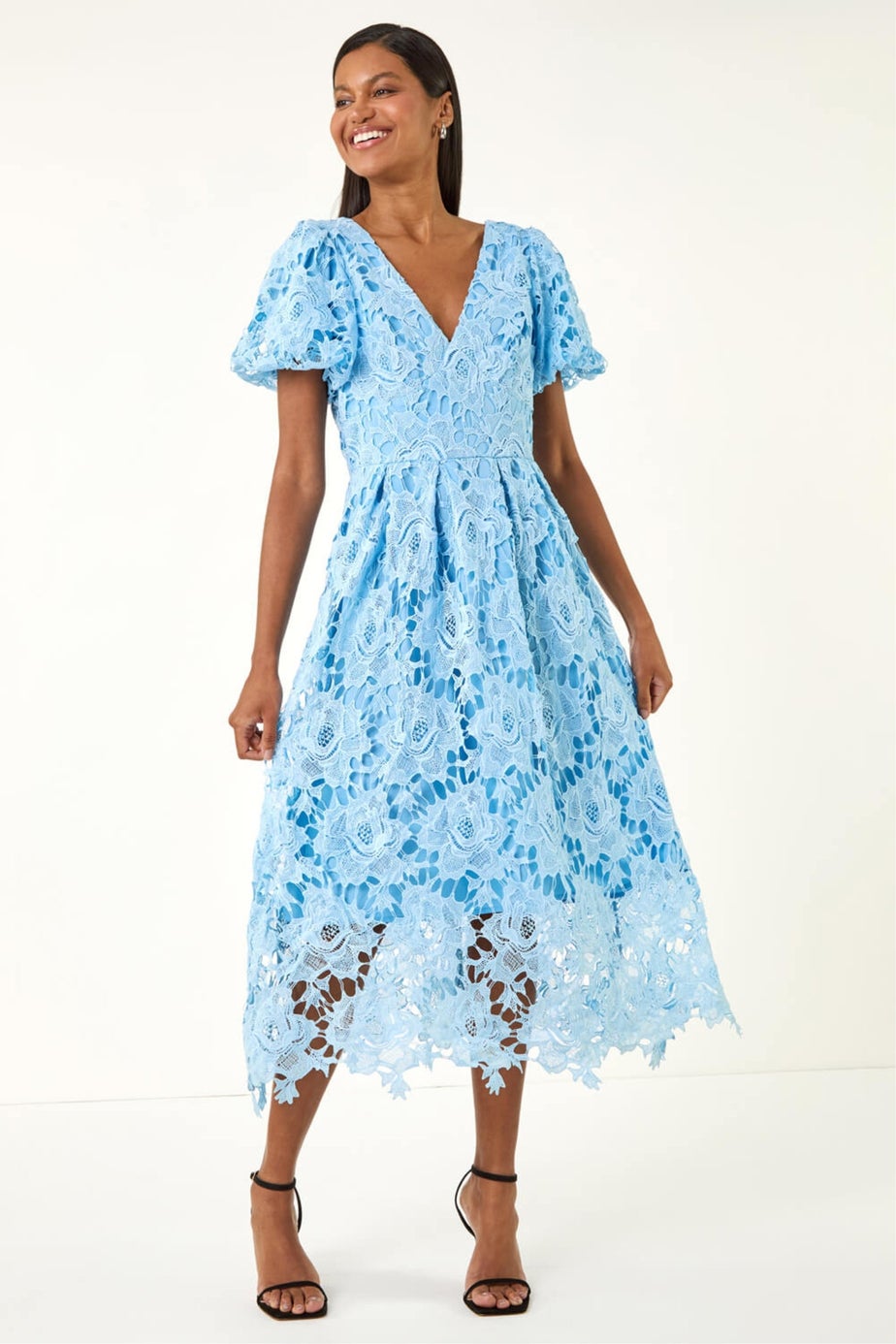 Roman Blue Premium Crochet Lace Midi Dress