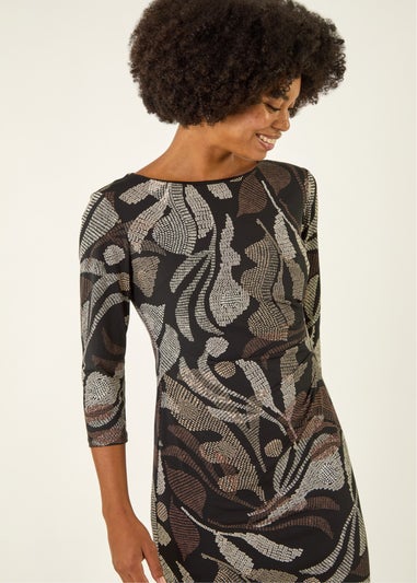 Roman Brown Abstract Print Ruched Midi Stretch Dress