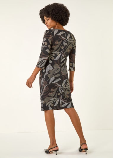 Roman Brown Abstract Print Ruched Midi Stretch Dress