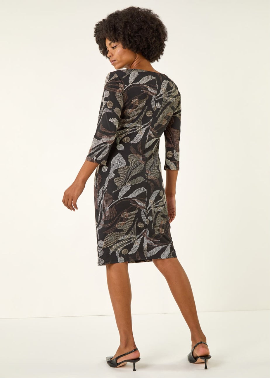 Roman Brown Abstract Print Ruched Midi Stretch Dress