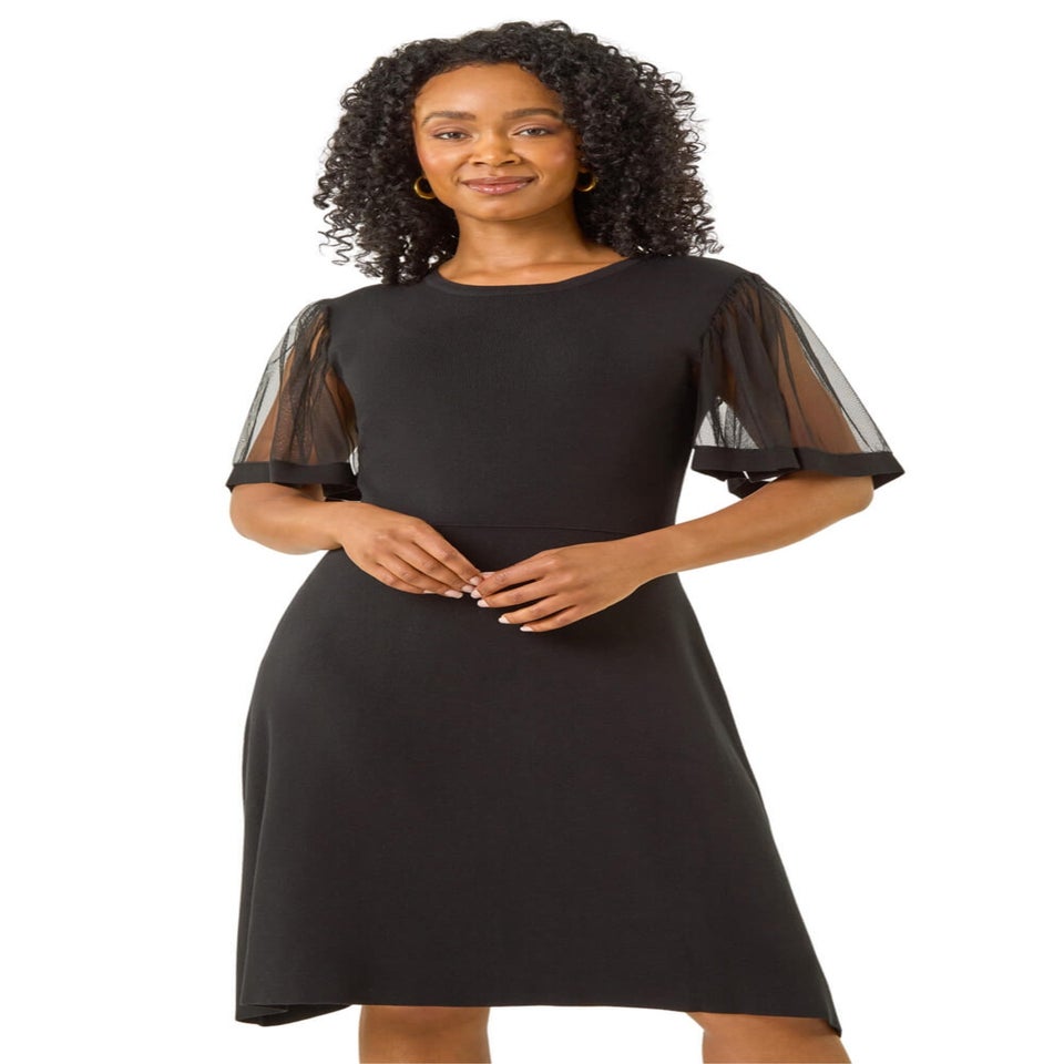 Roman Black Petite Knitted Mesh Dress