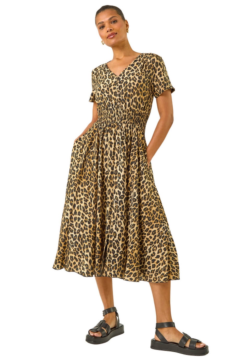 Roman Tan Animal Print Shirred Midi Dress
