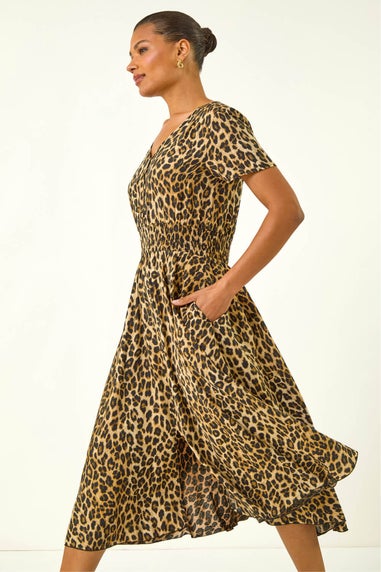 Roman Tan Animal Print Shirred Midi Dress