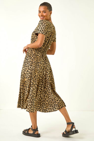 Roman Tan Animal Print Shirred Midi Dress
