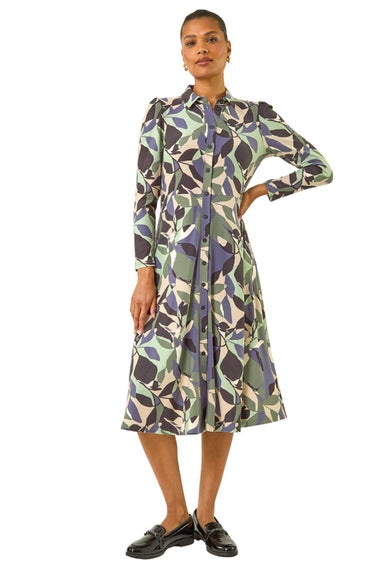 Roman Purple Abstract Leaf Print Shirt Dress