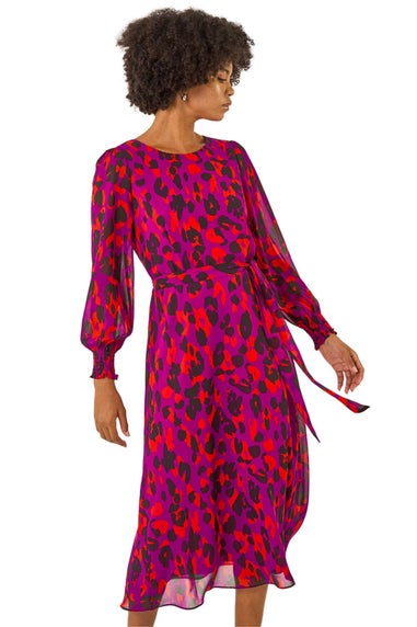 Roman Magenta Animal Print Shirred Midi Dress
