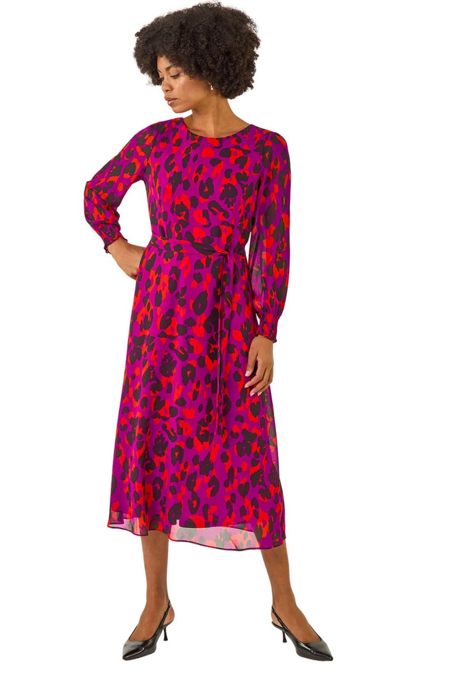 Roman Magenta Animal Print Shirred Midi Dress