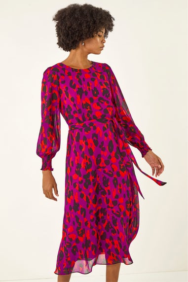 Roman Magenta Animal Print Shirred Midi Dress