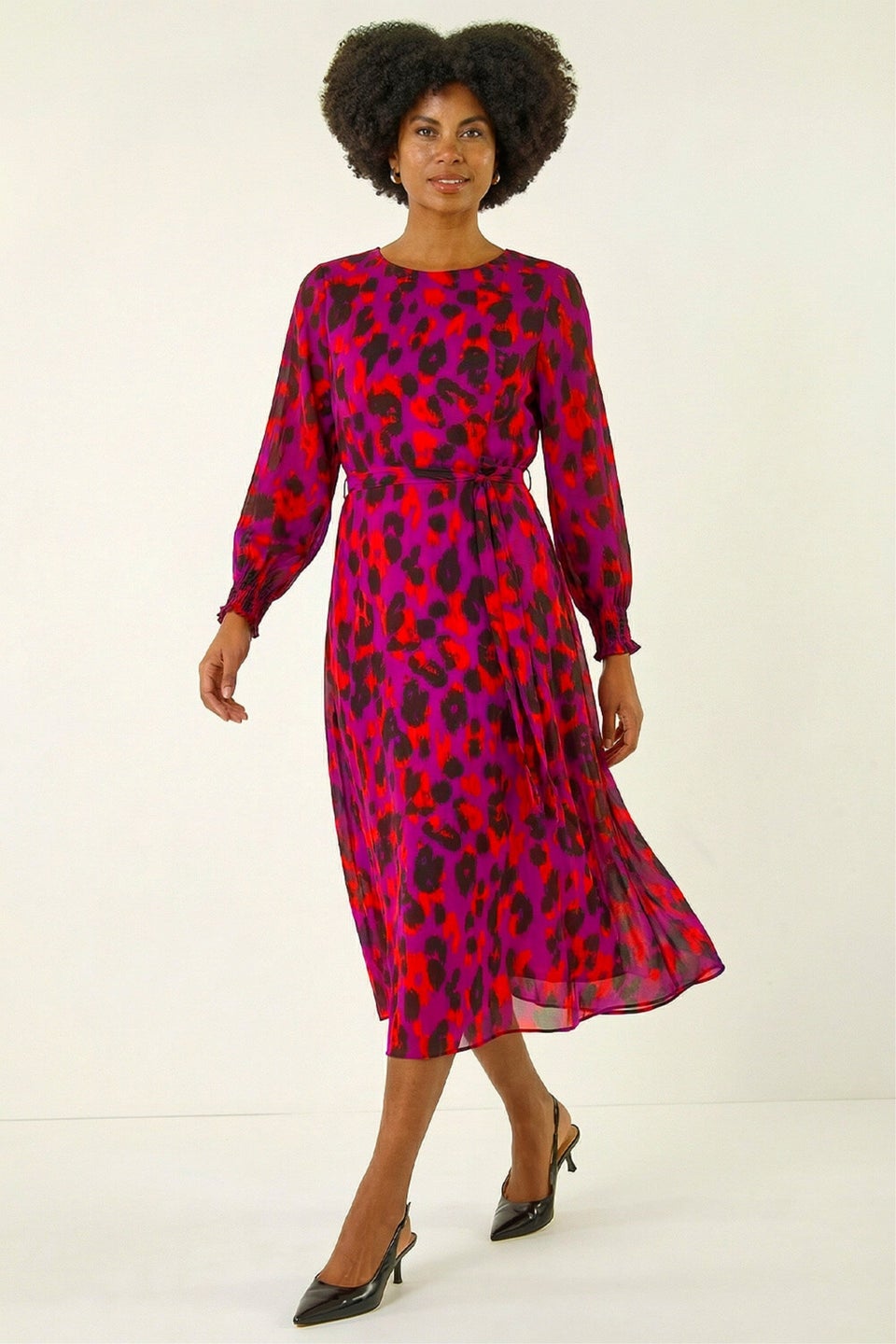 Roman Magenta Animal Print Shirred Midi Dress